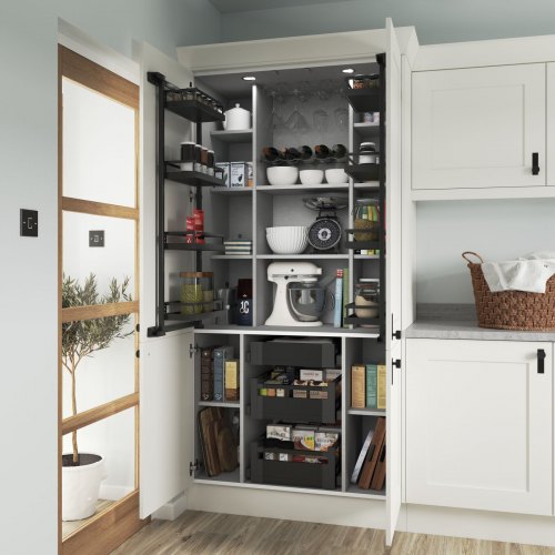 a white princeton kitchen with a kitchen pantry. Shown with anthracite internals and proped with various kitchenware items